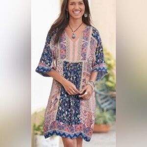 Sundance Boho Patchwork Floral Kimono Sleeve Dress Crochet Trim Size Large